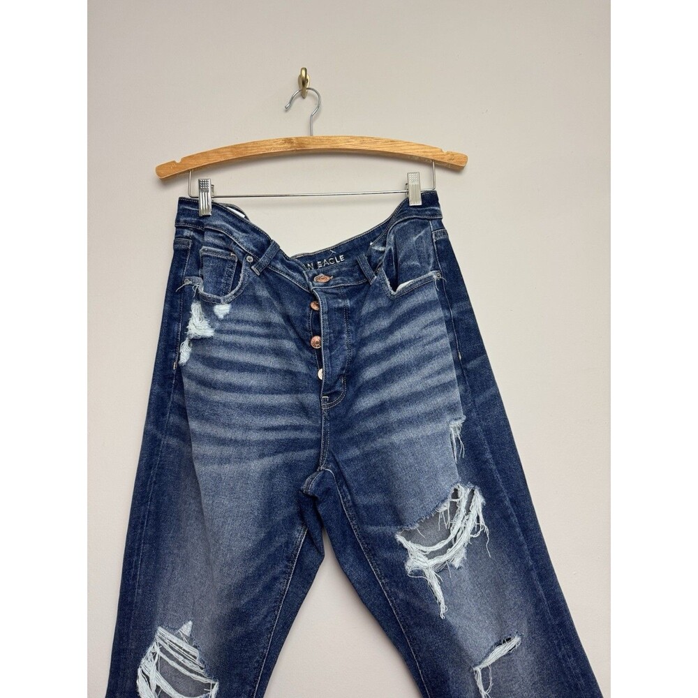 American Eagle Women’s Tomgirl Jeans Denim Size 14R Dark Wash Distressed Cotton - Picture 5 of 8